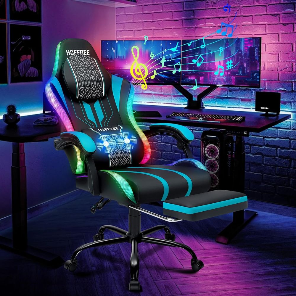 Massage - Gamingstoel met LED-verlichting, speakers, massagefunctie, grote